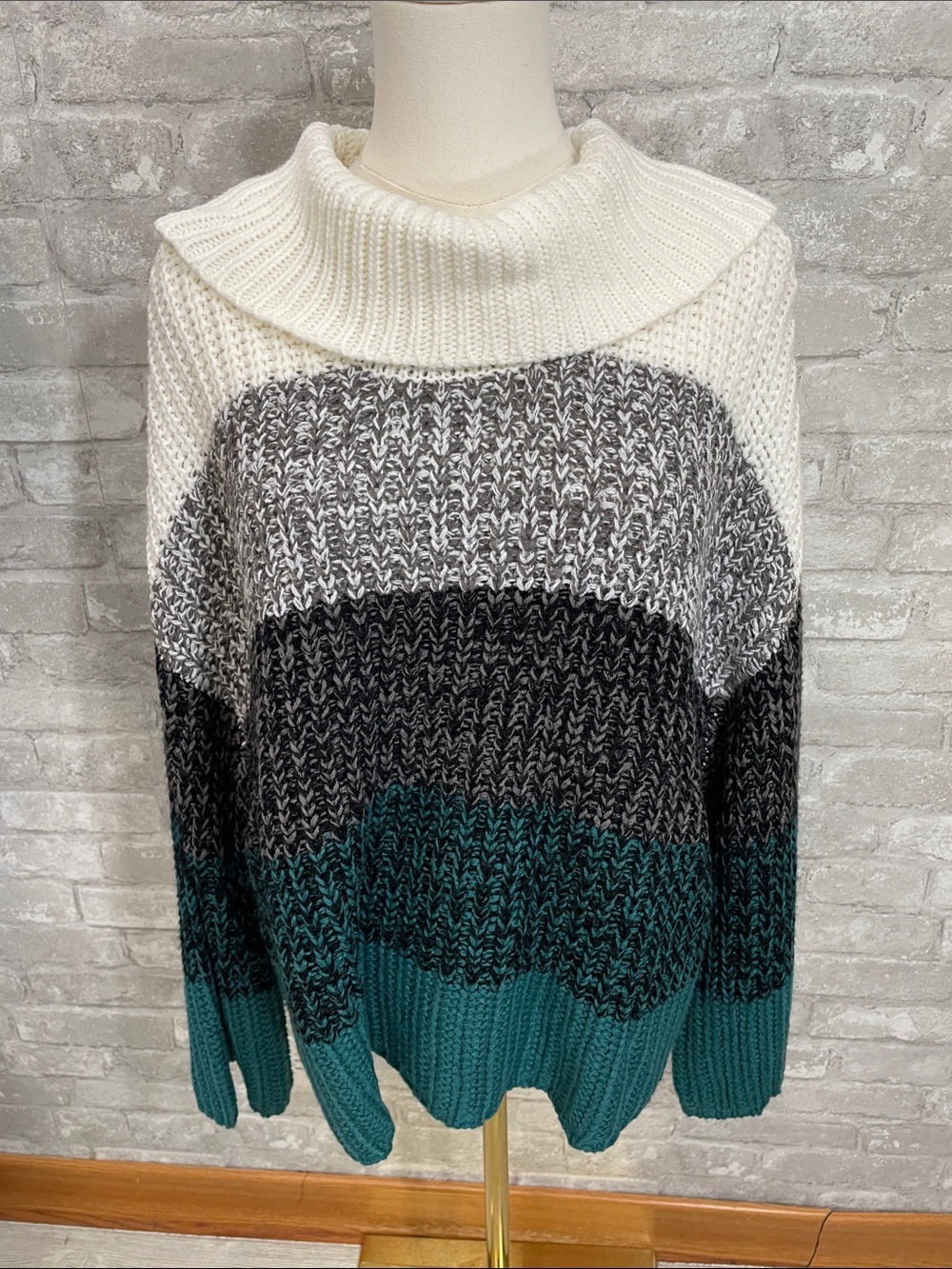 Lane Bryant Cream, Gray, Black & Teal Marled Cowl Sweater